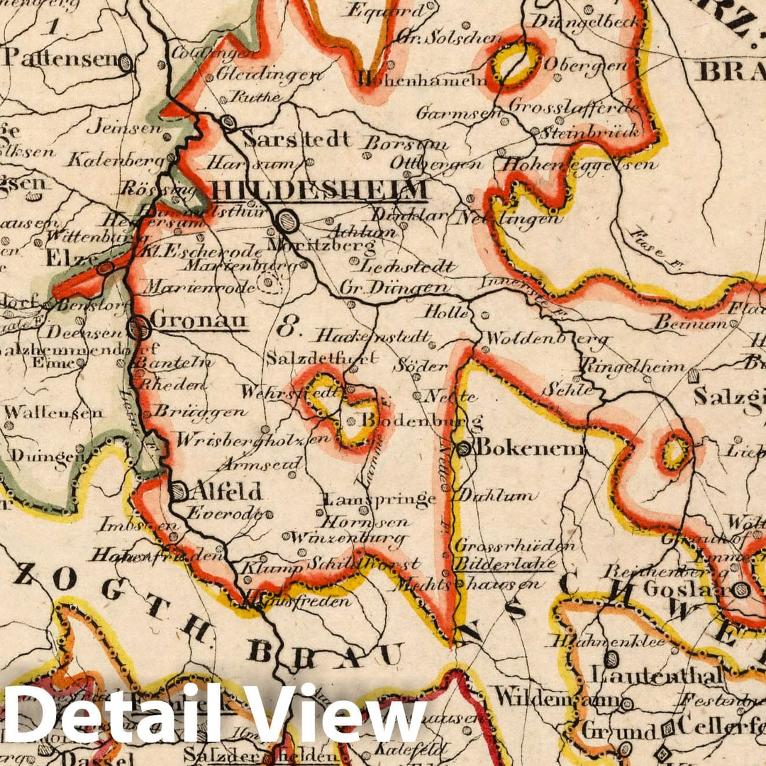 Historic Map : Germany,Hannover. 1. Furstenth: Kalenberg, 2.Gottingen, 3.Grubenhagen. 8. Provinz: Hildesheim. 11. Grafsche: Hohenstein, 1825 Atlas , Vintage Wall Art