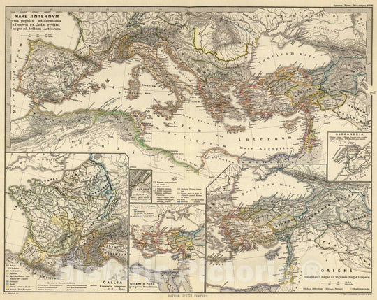 Historic Map : France; Greece , Alexandria (Egypt), Mediterranean Region, Eastern Hemisphere 1865 Mare internum cum populis adiacentibus a Pompeii ex Asia, Vintage Wall Art