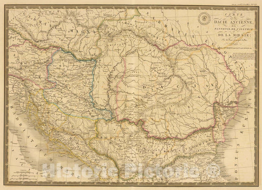 Historic Wall Map : Romania; Serbia, Balkan Peninsula 1826 Dacie ancienne, Pannonie, Illyrie, Moesie. v1 , Vintage Wall Art