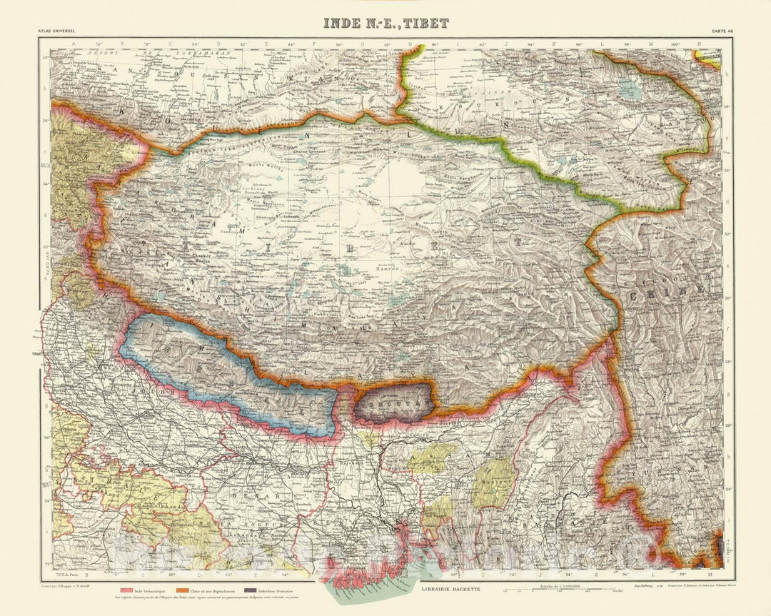 Historic Map : China; Tibet, 1936 Inde N.-E. et Tibet. , Vintage Wall Art