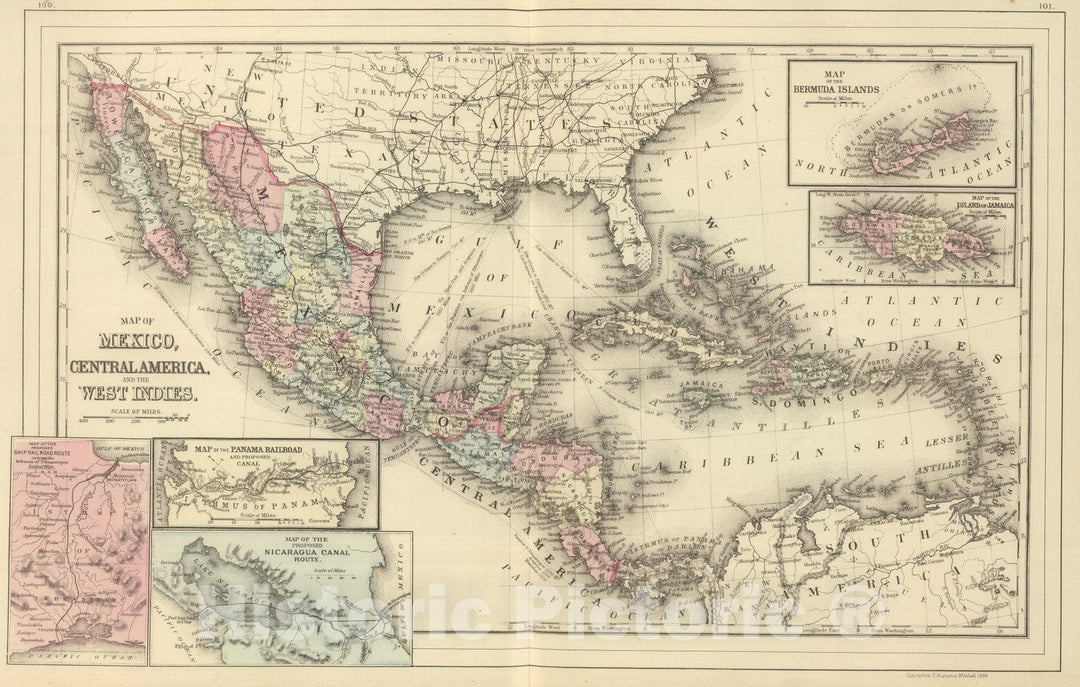 Historic Map : 1884 Map of Mexico, Central America and the West Indies : Vintage Wall Art