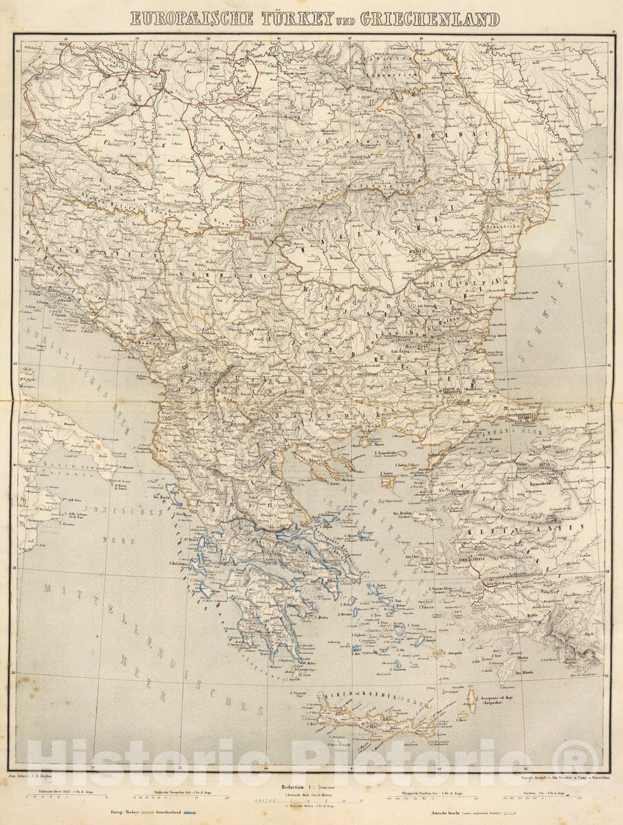 Historic Map : Greece; Turkey, Balkan Peninsula 1864 Europaeische Turkey u. Griechenland. , Vintage Wall Art