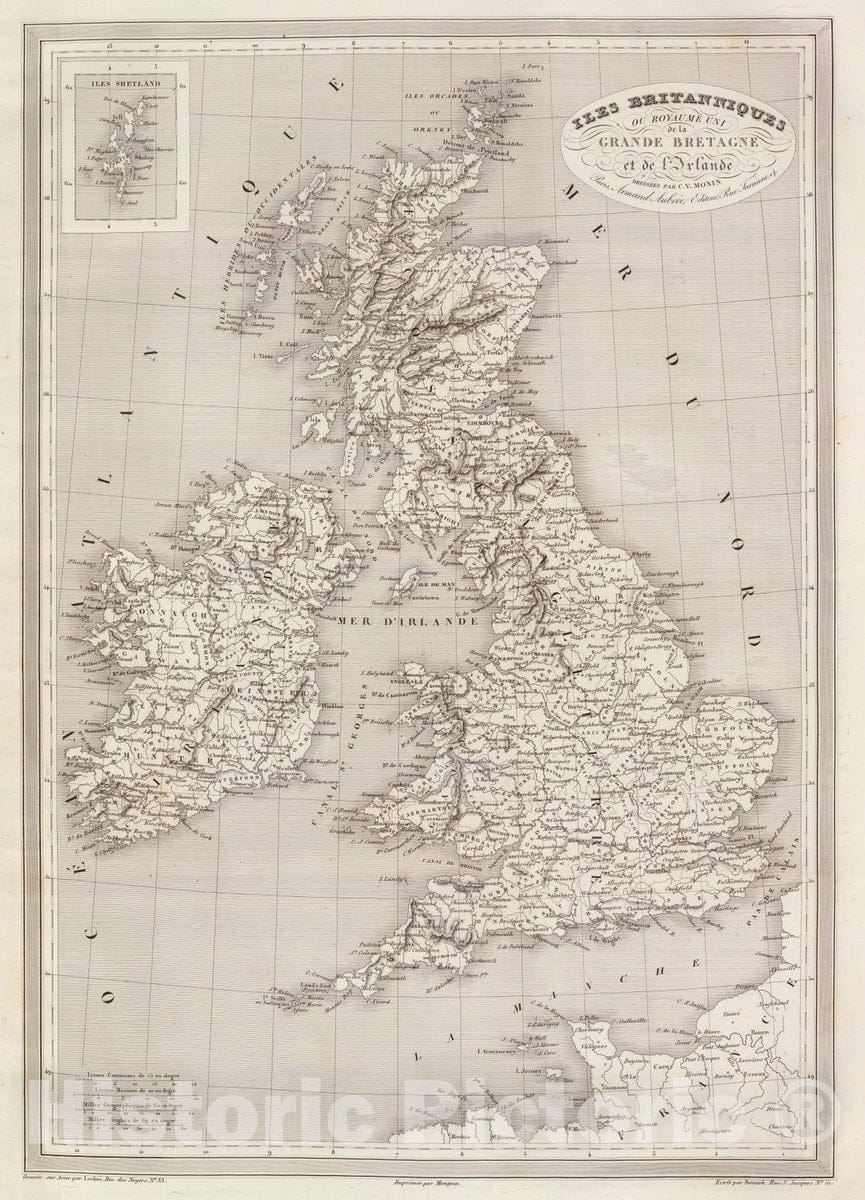 Historic Map : England; Scotland, British Isles 1837 Iles Britanniques. , Vintage Wall Art