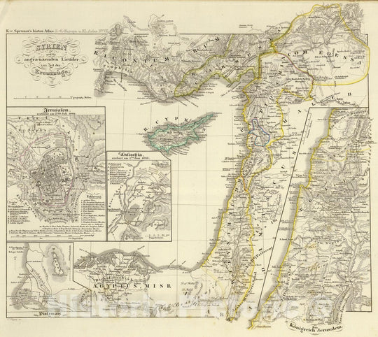 Historic Map : Israel; Syria , Jerusalem, Antioch Region (Turkey) 1855 Syrien und die angraenzenden Laender zur Zeit der Kreuzzuge. , Vintage Wall Art