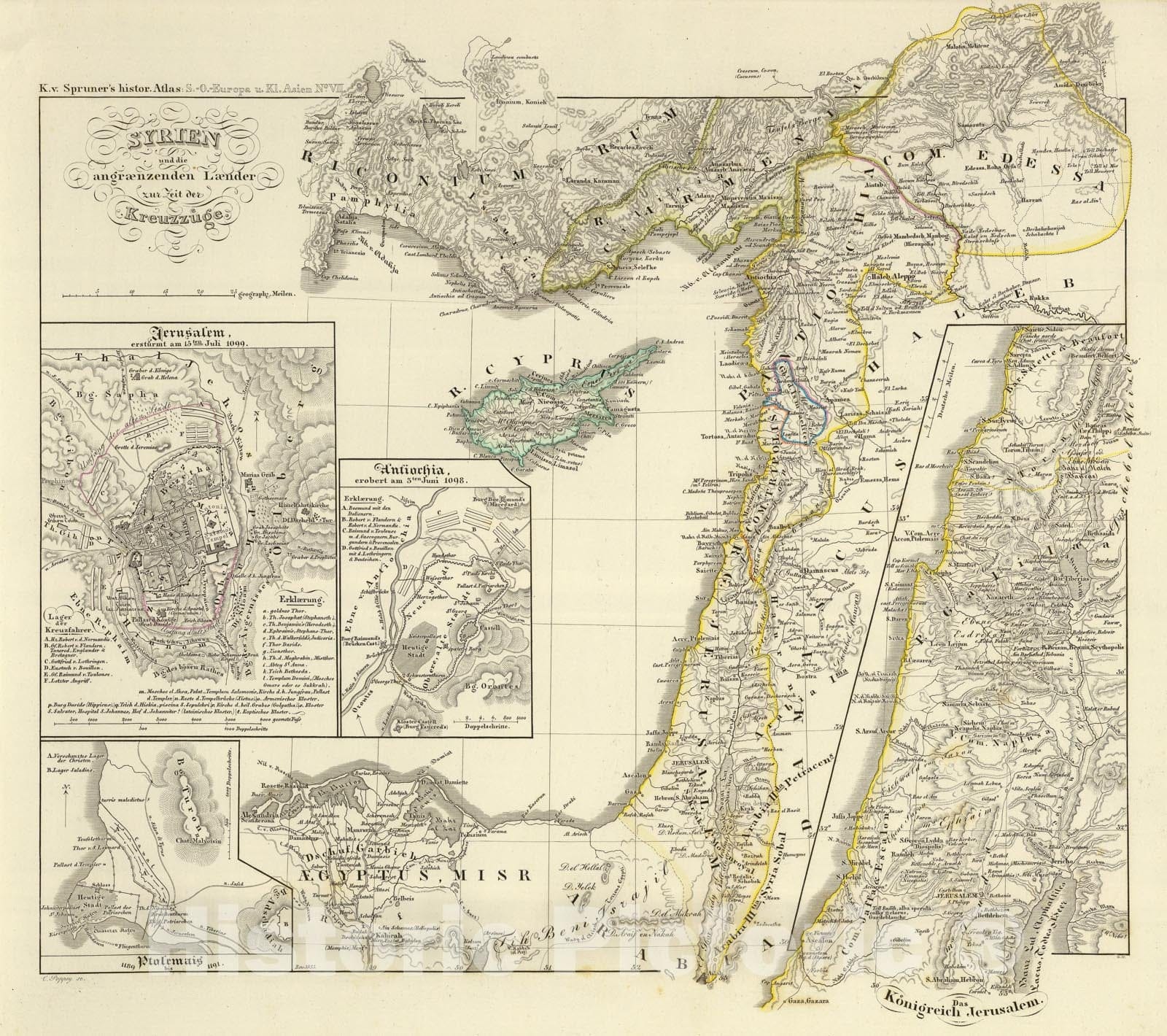 Historic Map : Israel; Syria , Jerusalem, Antioch Region (Turkey) 1855 Syrien und die angraenzenden Laender zur Zeit der Kreuzzuge. , Vintage Wall Art