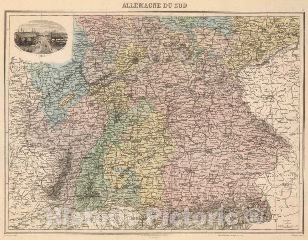 Historic Map : Germany, 1892 Allemagne du Sud. , Vintage Wall Art