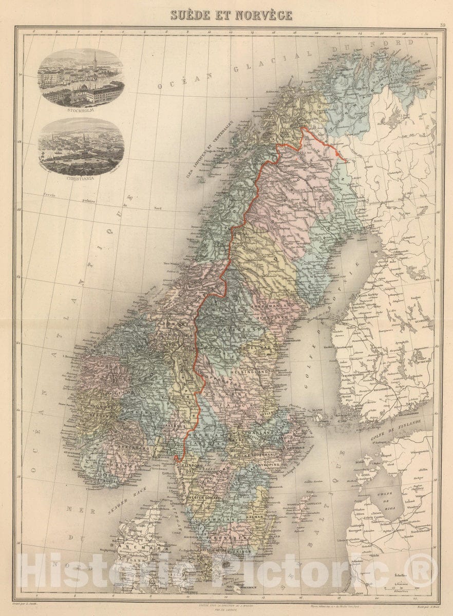 Historic Map : Norway; Sweden, 1892 Suede et Norvege. , Vintage Wall Art