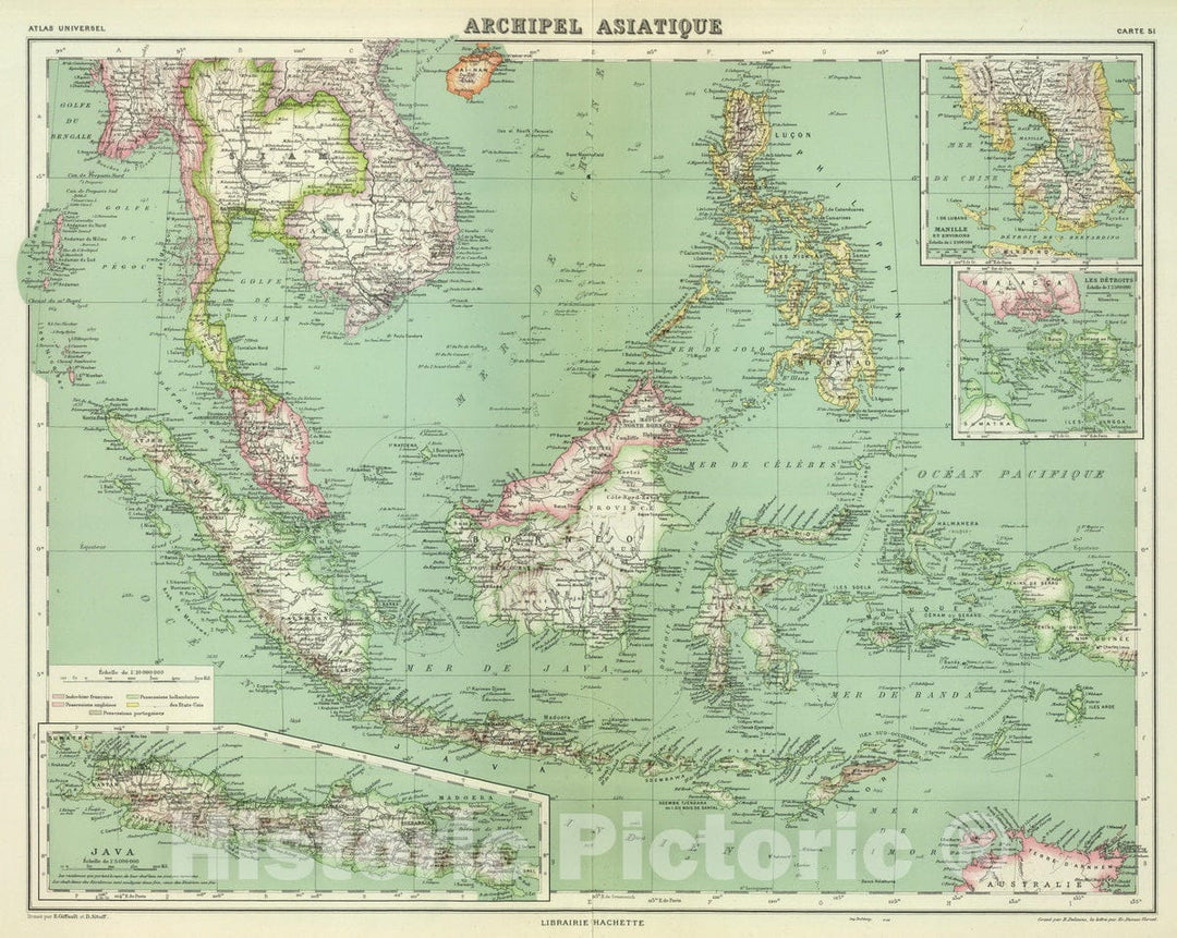 Historic Map : Indonesia; Malaysia, 1930 Archipel Asiatique. , Vintage Wall Art