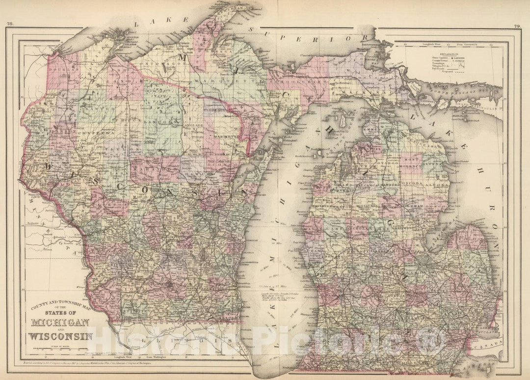 Historic Map : 1882 Michigan, Wisconsin. - Vintage Wall Art