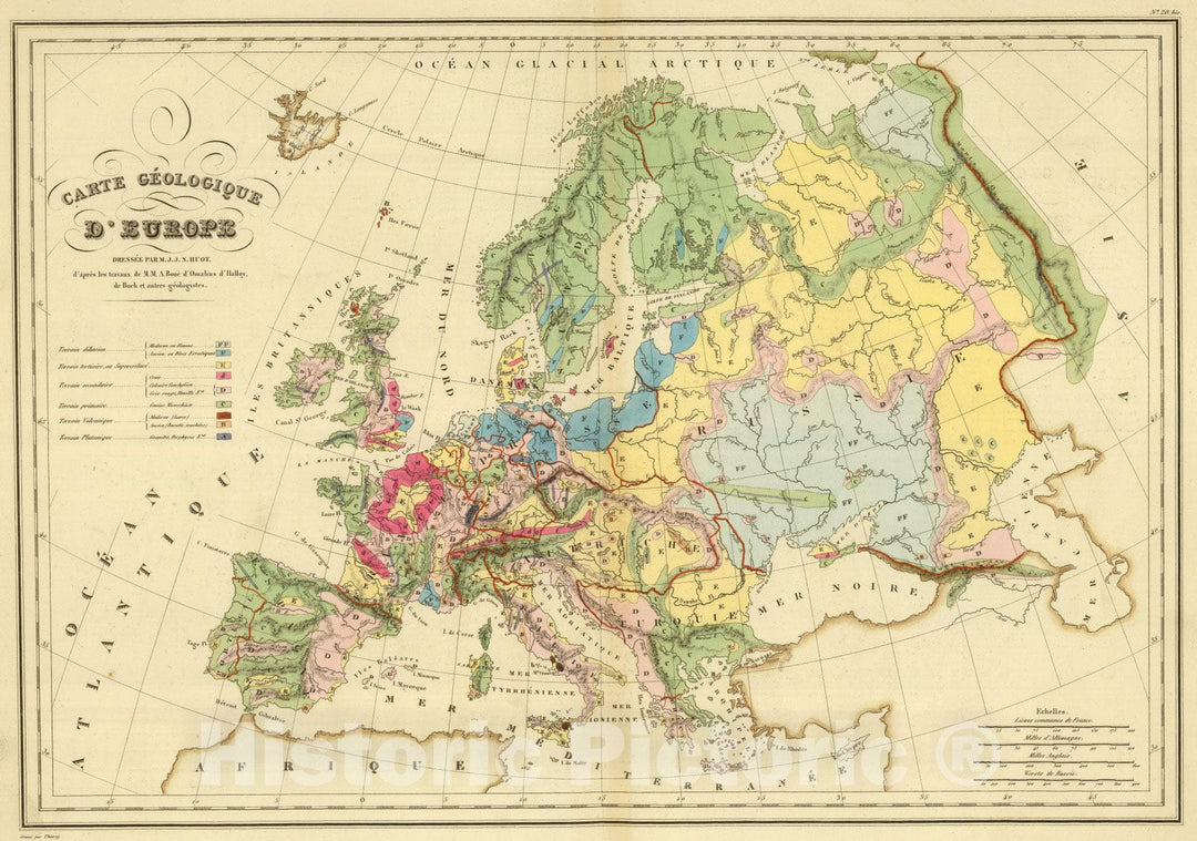 Historic Map : 1837 Carte Geologique D'Europe : Vintage Wall Art