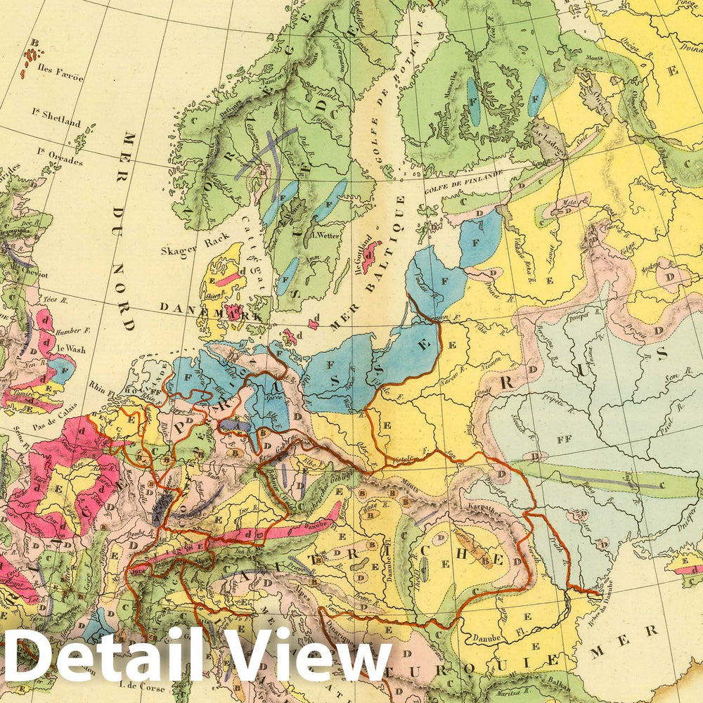 Historic Map : 1837 Carte Geologique D'Europe : Vintage Wall Art