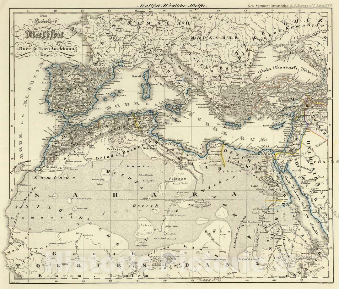 Historic Map : Mediterranean Region, Eastern Hemisphere 1855 Das Reich Kalifen in seiner grossten Ausdehnung - West. , Vintage Wall Art