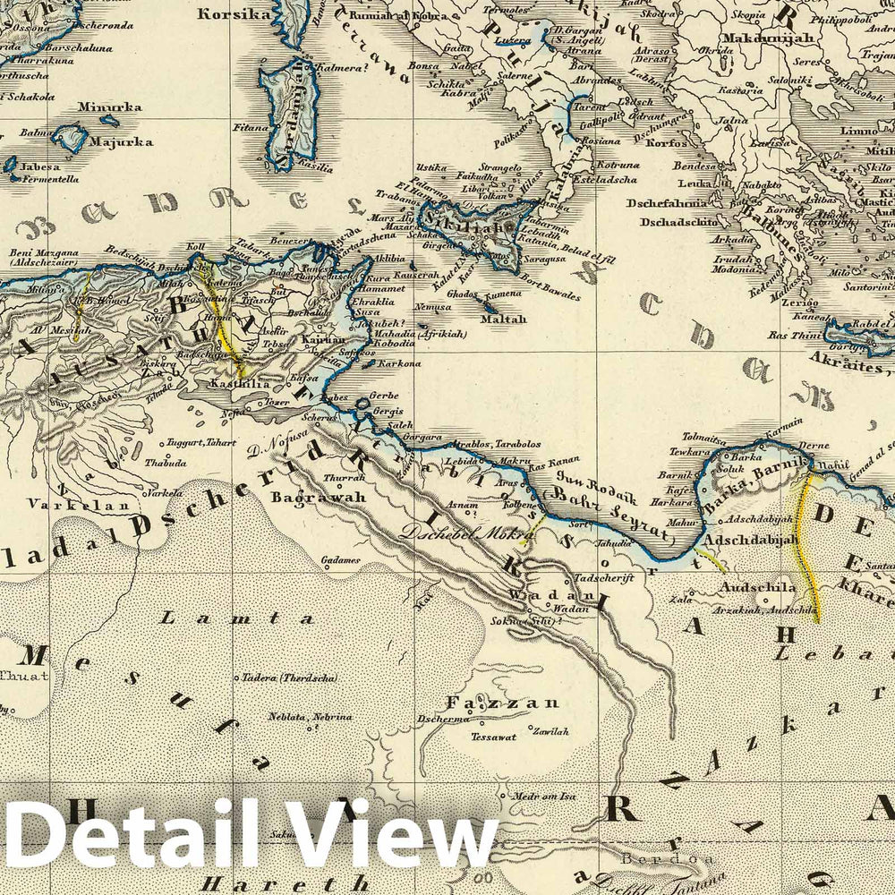 Historic Map : Mediterranean Region, Eastern Hemisphere 1855 Das Reich Kalifen in seiner grossten Ausdehnung - West. , Vintage Wall Art