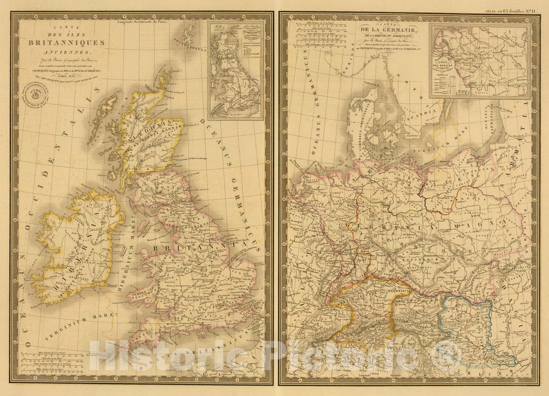 Historic Map : England; Germany, British Isles, Europe 1839 Iles Britanniques ancienne, Germanie, de la Rhetie, du Norique, etc. , Vintage Wall Art