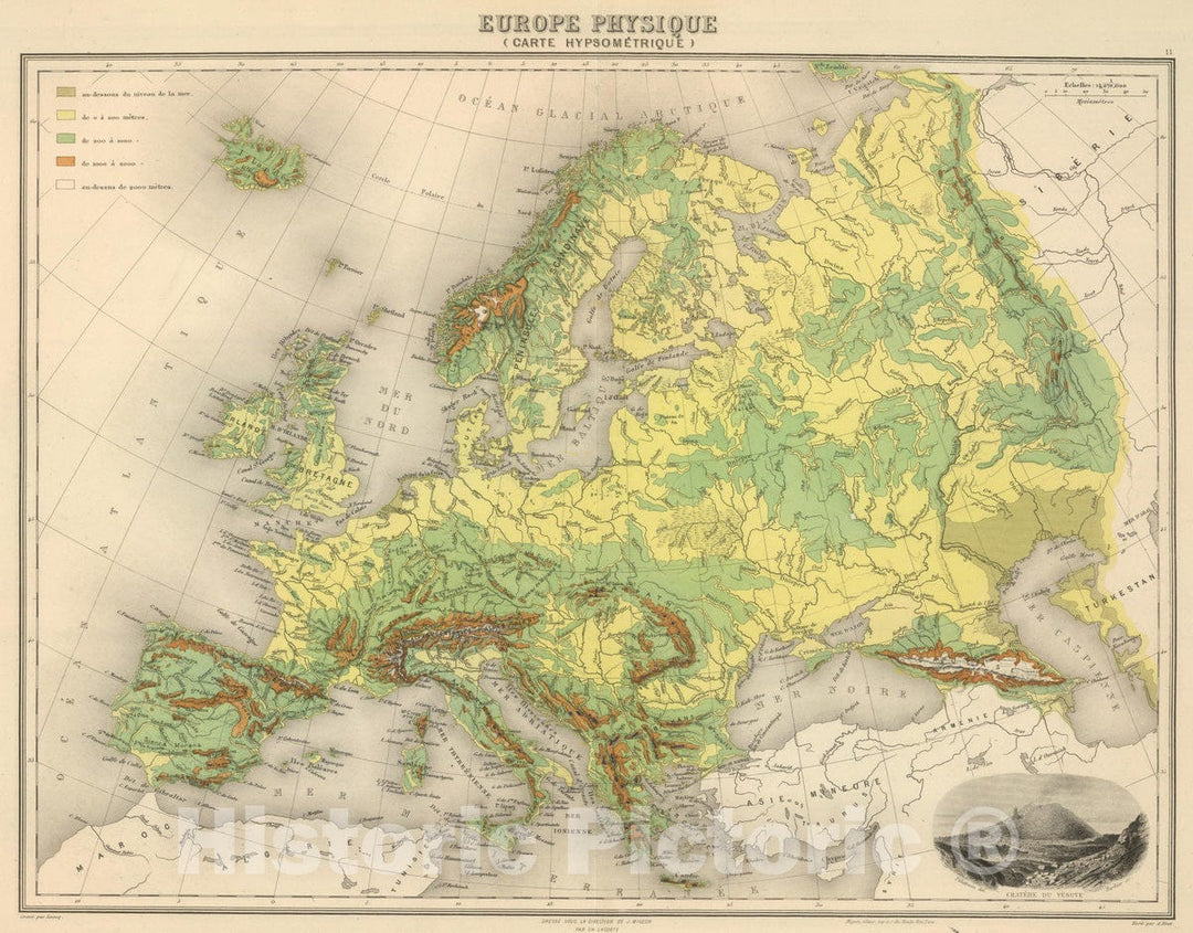 Historic Map : 1892 Europe. (Carte Hypsometrique). - Vintage Wall Art