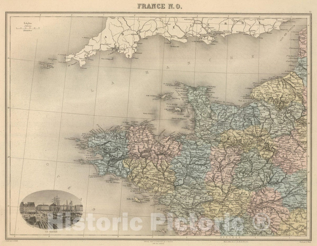 Historic Map : France, 1892 France N.O. , Vintage Wall Art