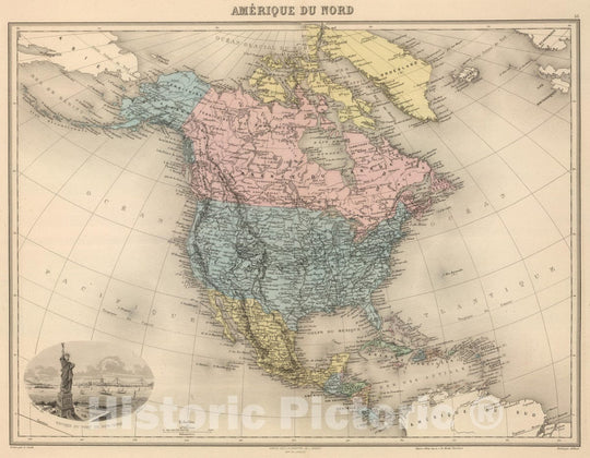 Historic Map : Canada; United States, , North America 1892 Amerique du Nord. , Vintage Wall Art