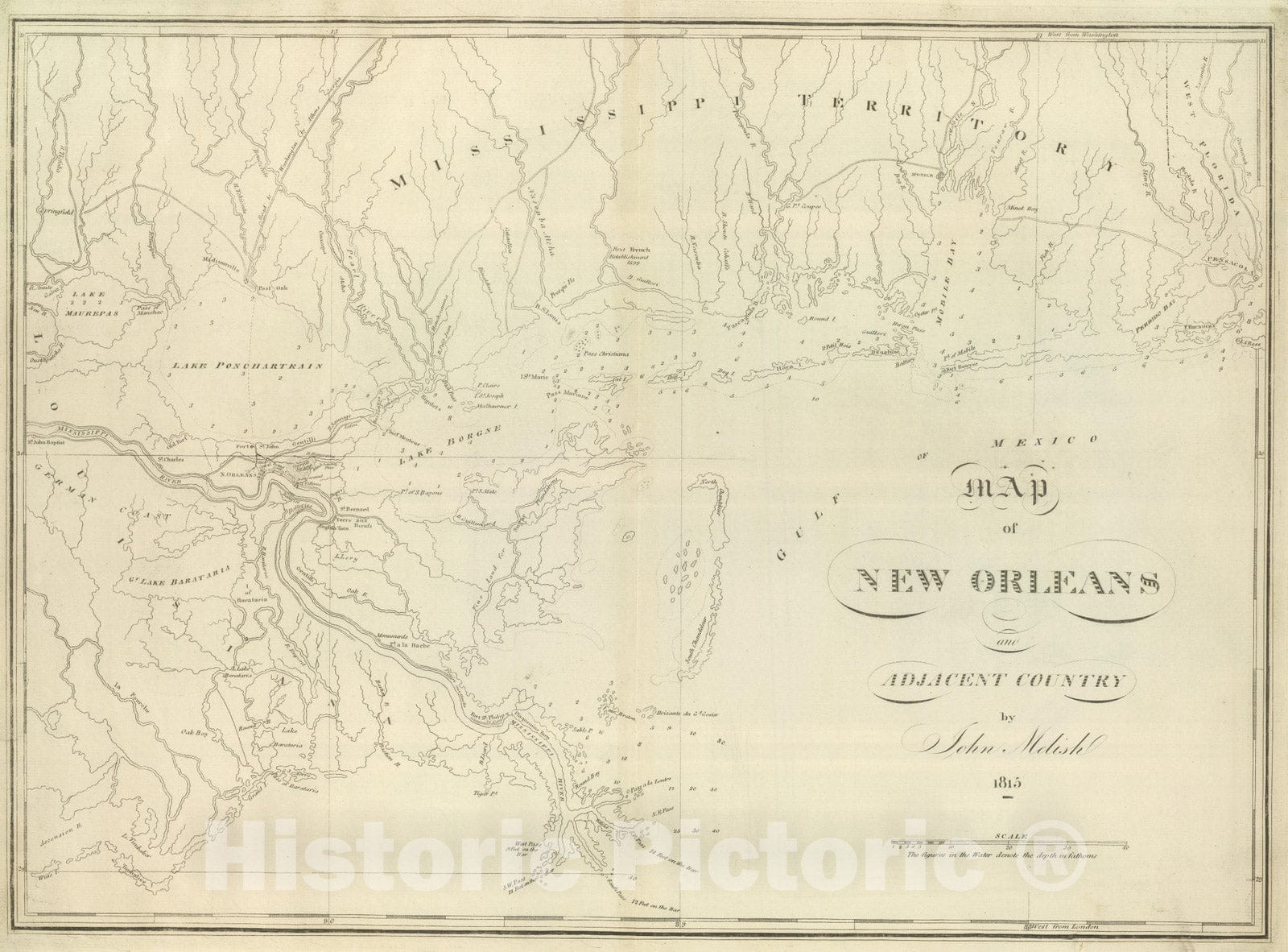 Historic Map : 1824 Map of New Orleans and Adjacent Country. - Vintage Wall Art