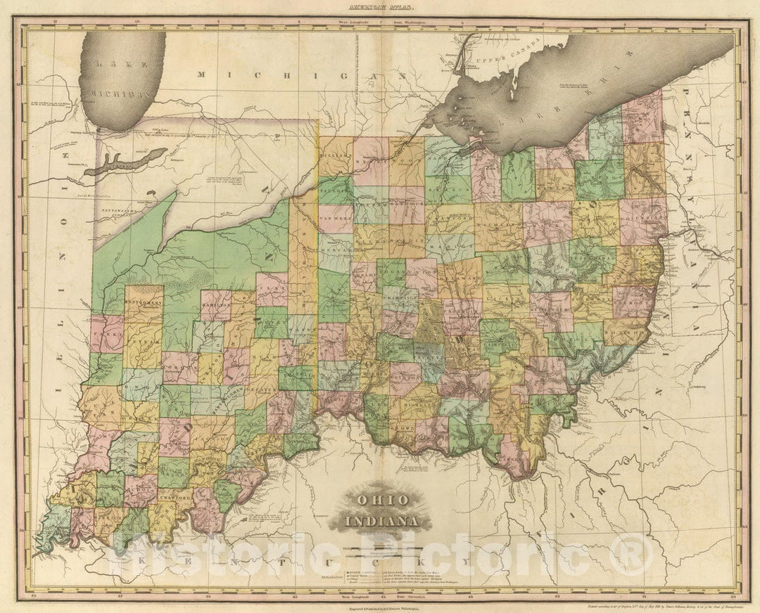 Historic Map : 1833 Ohio and Indiana. v1 - Vintage Wall Art