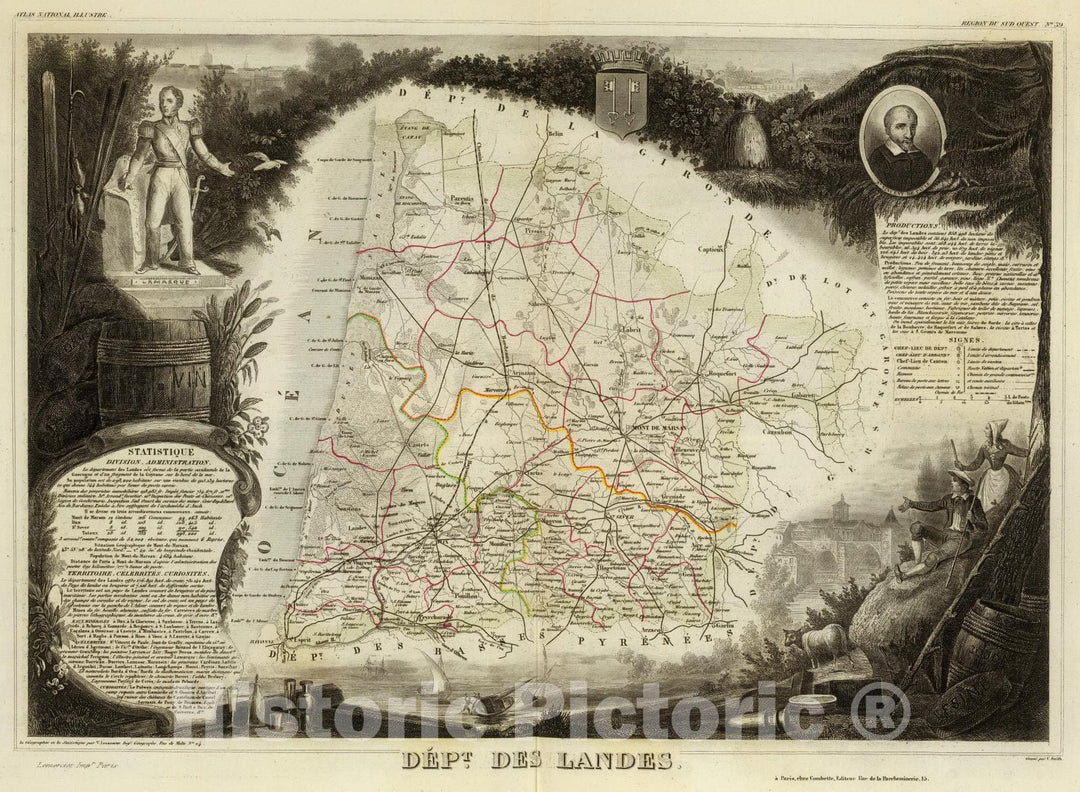 Historic Map : France, 1856 Dept. Des Landes. , Vintage Wall Art