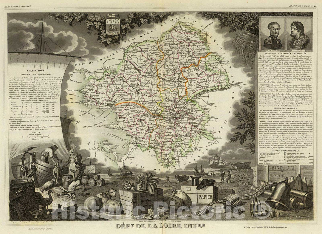 Historic Map : France, 1856 Dept. De La Loire Infre. , Vintage Wall Art