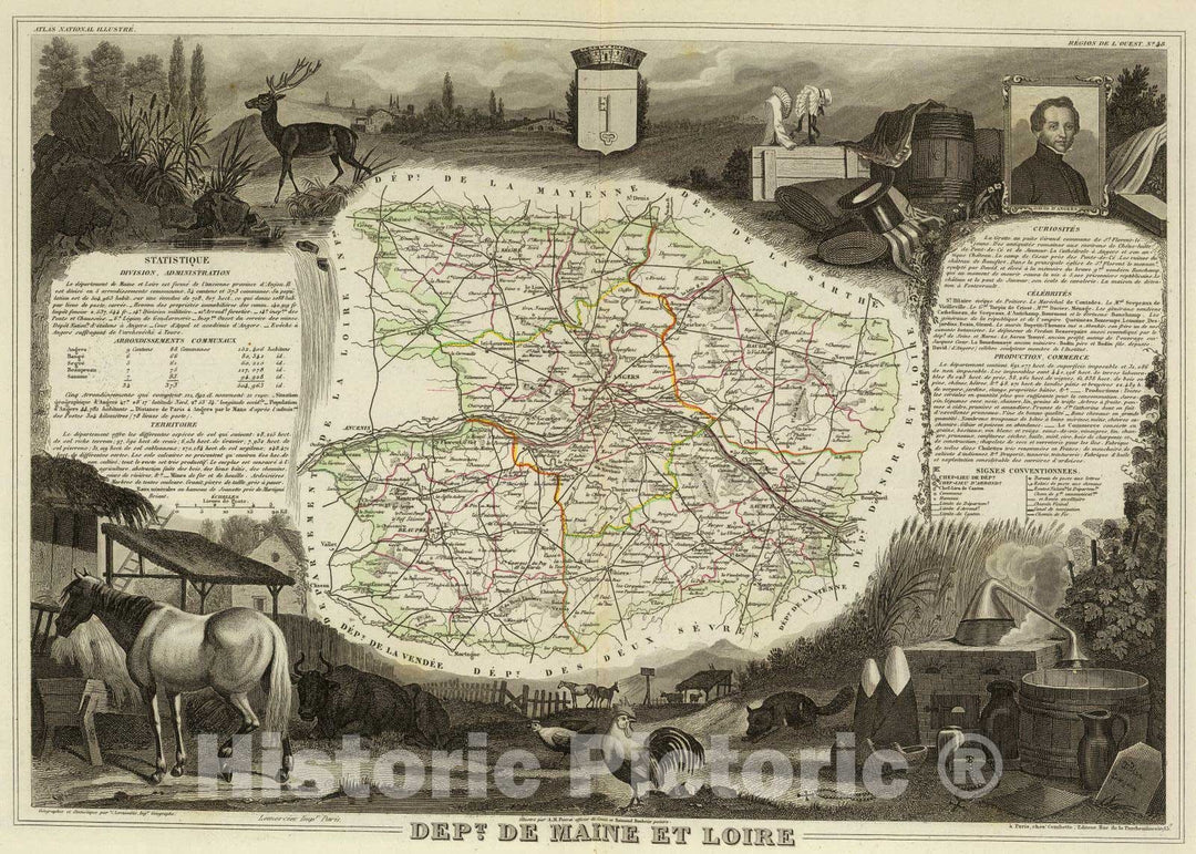 Historic Map : France, 1856 Dept. De Maine et Loire. , Vintage Wall Art