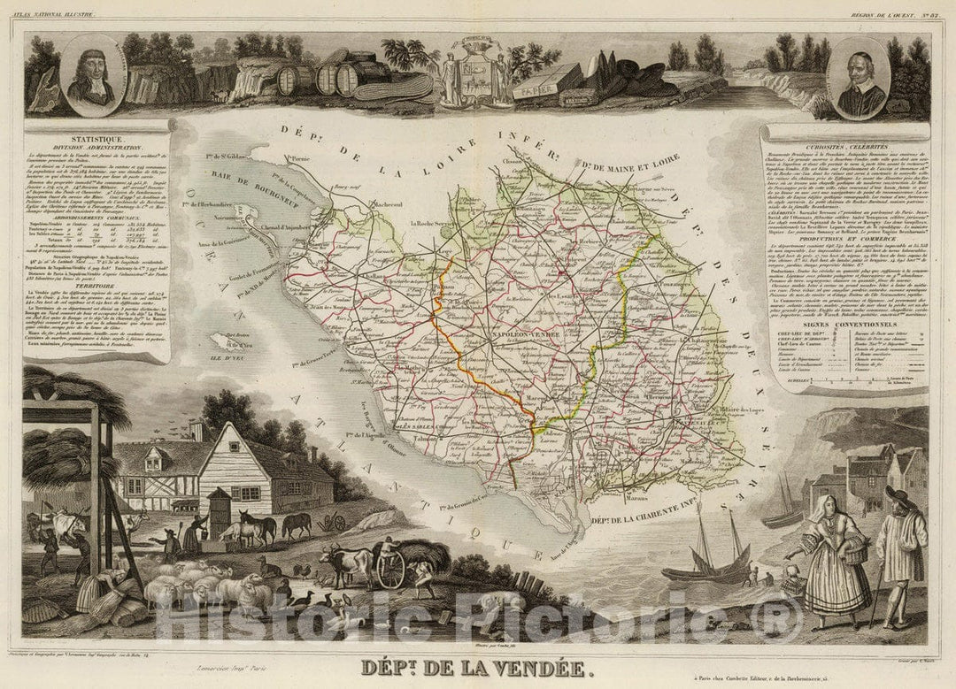 Historic Map : France, 1856 Dept. De La Vendee. , Vintage Wall Art