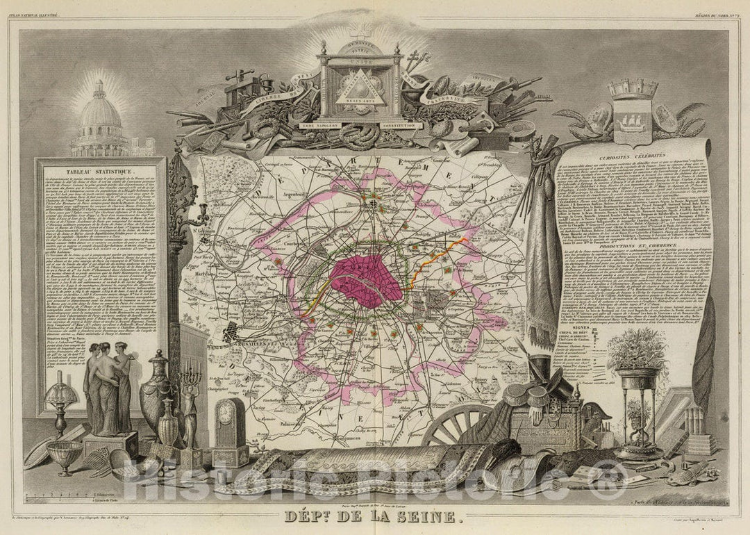 Historic Map : France, 1856 Dept. De La Siene. , Vintage Wall Art