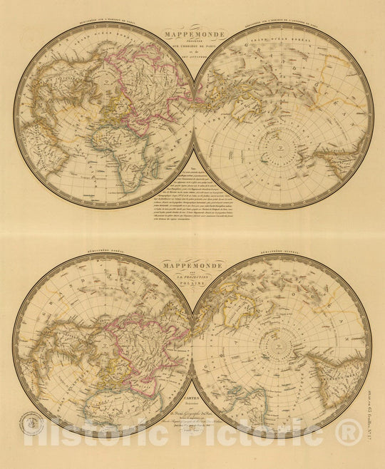 Historic Map : 1842 Mappemonde, sur l'horizon de Paris; Mappemonde sur la projection polaire. - Vintage Wall Art