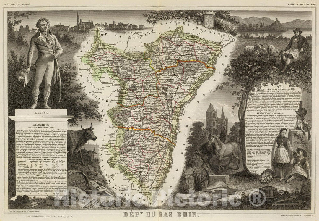 Historic Map : France, 1856 Dept. Du Bas Rhin. , Vintage Wall Art