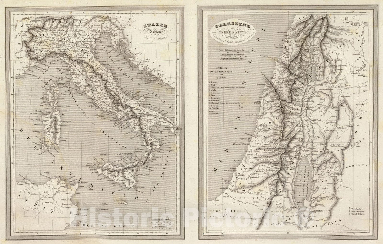 Historic Map : Italy; Palestine, 1837 Italie Ancienne, Palestine ou Terre Sainte Ancienne. , Vintage Wall Art