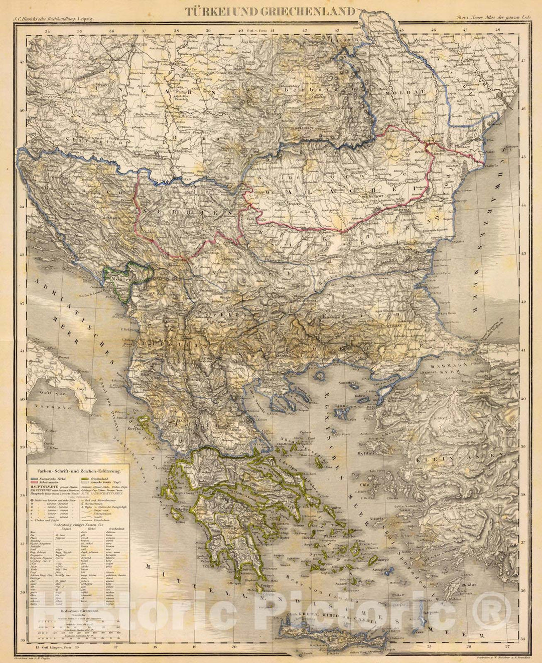 Historic Map : Greece; Turkey, Balkan Peninsula 1865 Turkei u. Griechenland. , Vintage Wall Art