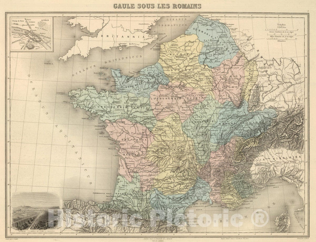 Historic Wall Map : France, 1892 Gaule sous les Romains. , Vintage Wall Art