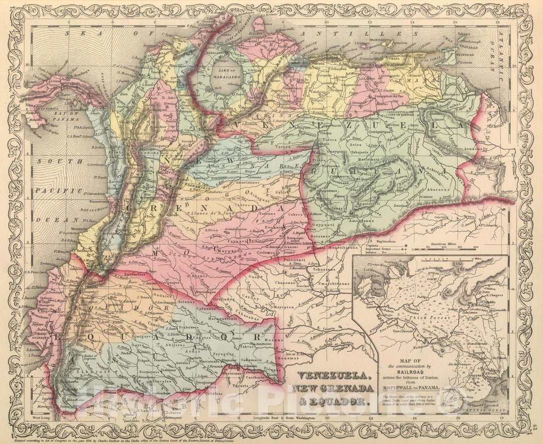 Historic Map : Ecuador; Venezuela, 1859 Venezuela, New Grenada & Equador. , Vintage Wall Art