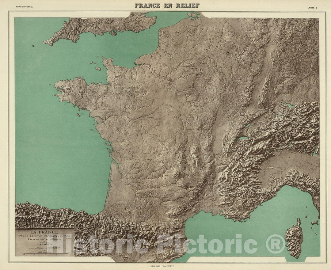 Historic Map : France; Switzerland, 1937 France en Relief. , Vintage Wall Art