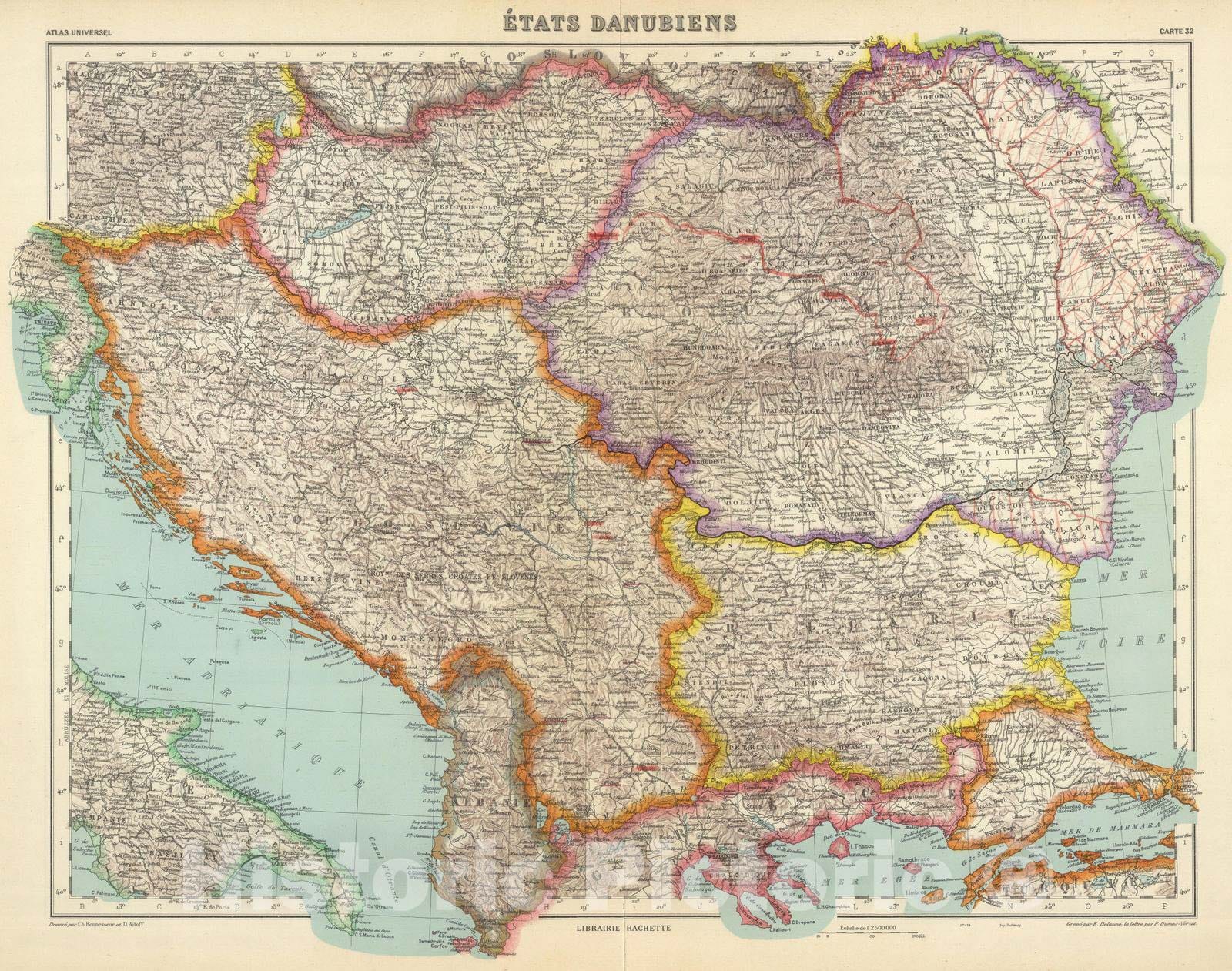 Historic Map : Bulgaria; Serbia, 1934 Etats Danubiens. , Vintage Wall Art