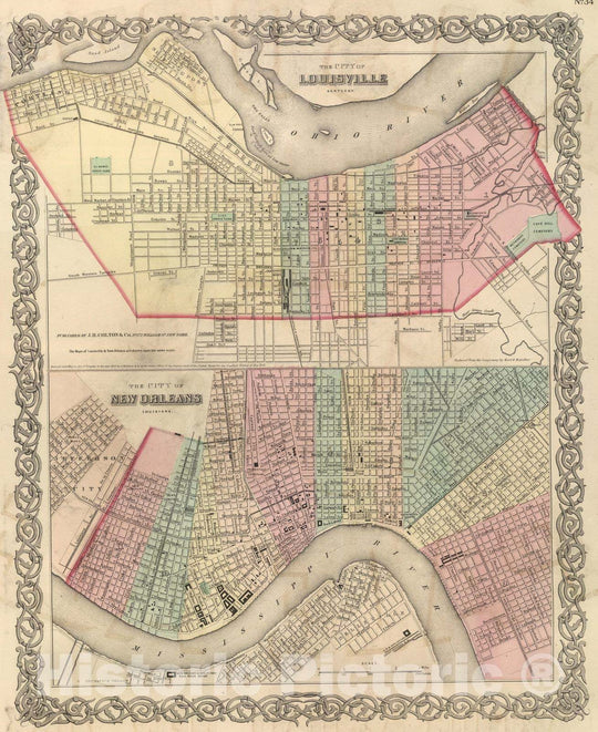 Historic Map : National Atlas - 1857 The City of Louisville, Kentucky. The City of New Orleans, Louisiana - Vintage Wall Art