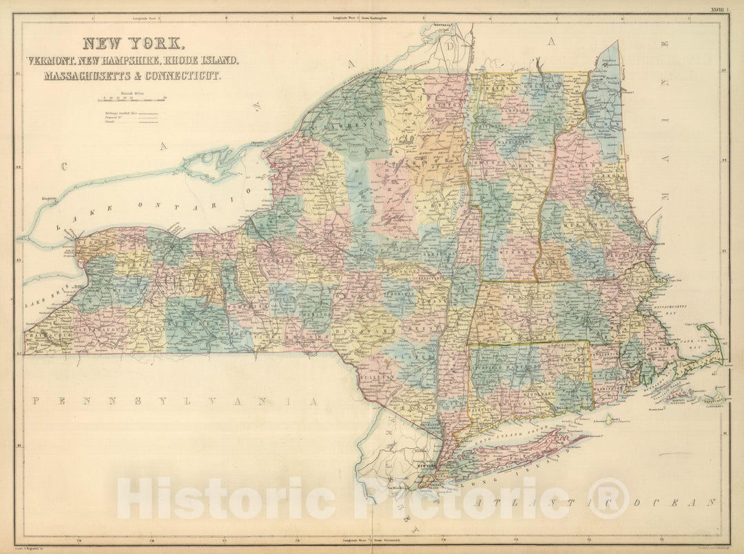 Historic Map : 1854 New York and New England. - Vintage Wall Art