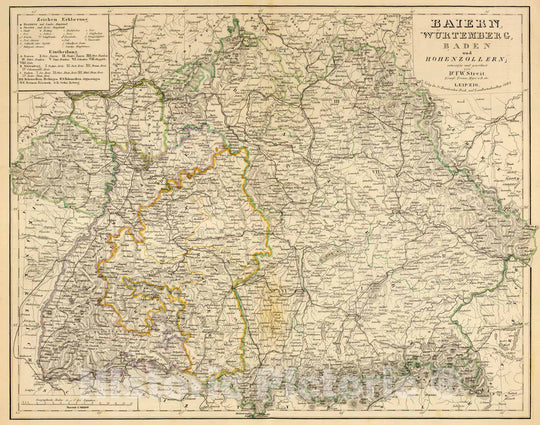 Historic Map : Germany, 1865 Baiern, Wurtemberg, Baden u. Hohenzollern. , Vintage Wall Art