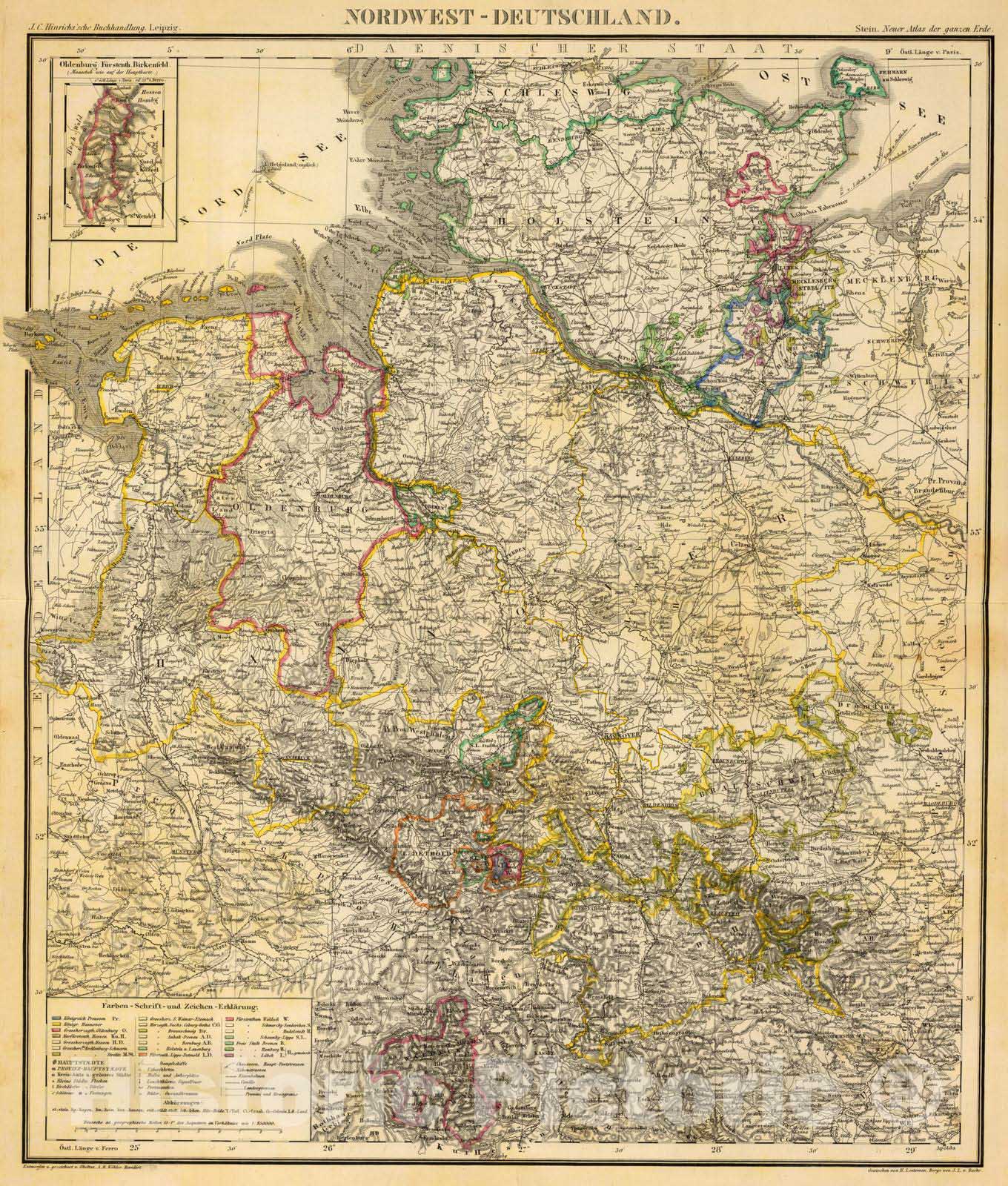 Historic Map : Germany, 1865 Nordwest-Deutschland. , Vintage Wall Art