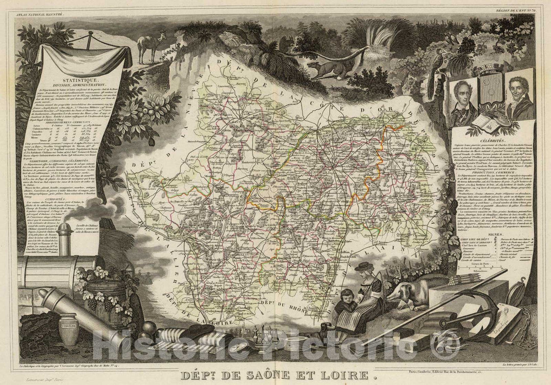 Historic Map : France, 1856 Dept. De Saone et Loire. , Vintage Wall Art