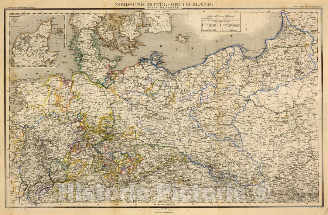 Historic Map : Germany; Poland, Europe, Central 1865 Nord- u. Mittel-Deutschland, nebst Daenemark. , Vintage Wall Art