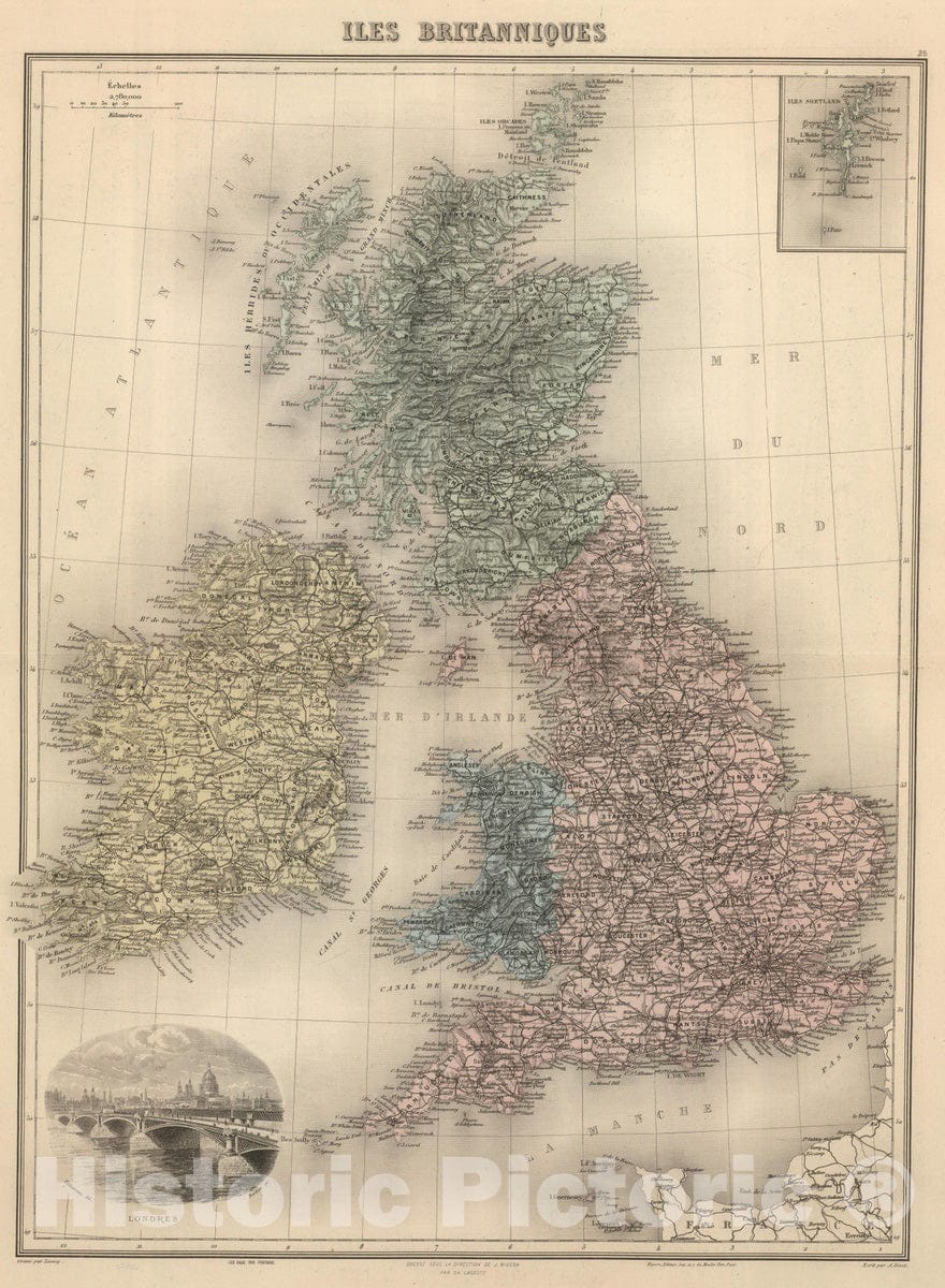 Historic Map : England; Scotland, British Isles 1892 Les Britannique. , Vintage Wall Art