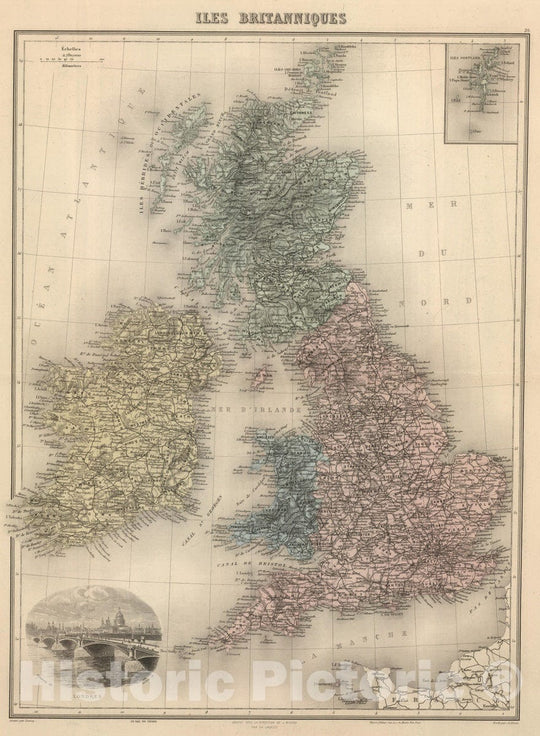 Historic Map : England; Scotland, British Isles 1892 Les Britannique. , Vintage Wall Art