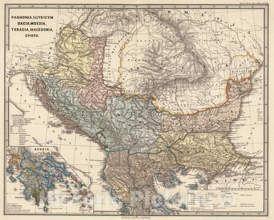 Historic Map : Greece; Serbia, Balkan Peninsula 1865 Pannonia, Illyricum, Dacia, Moesia, Thracia, Macedonia, Epirus. , Vintage Wall Art