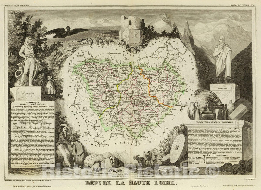 Historic Map : France, 1856 Dept. De La Haute Loire. , Vintage Wall Art