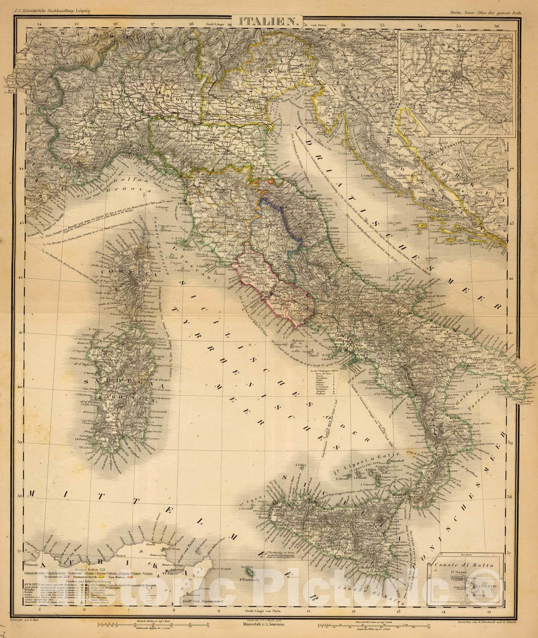 Historic Map : Italy; Slovenia, 1865 Italien. , Vintage Wall Art