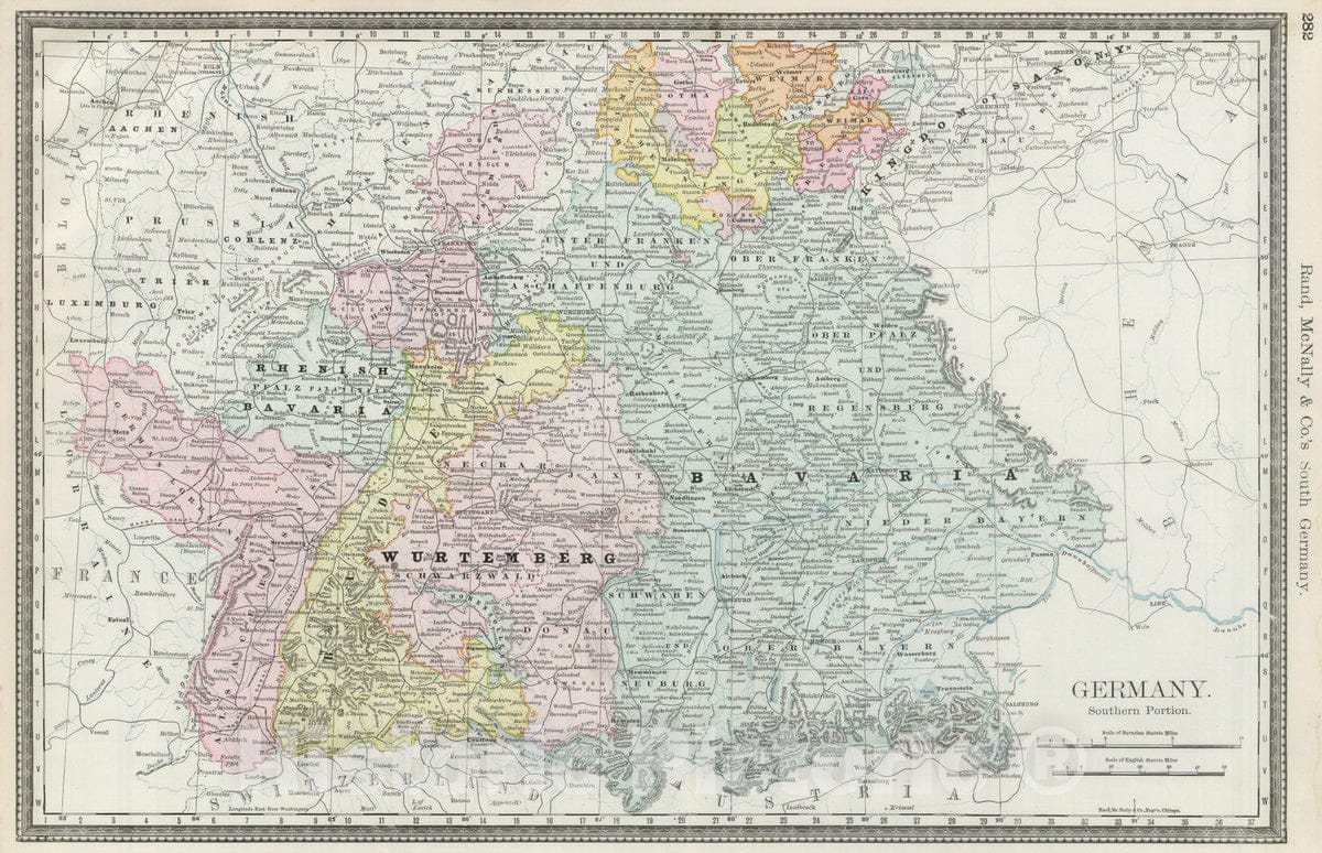 Historic Map : National Atlas - 1889 Germany Southern Portion. - Vintage Wall Art