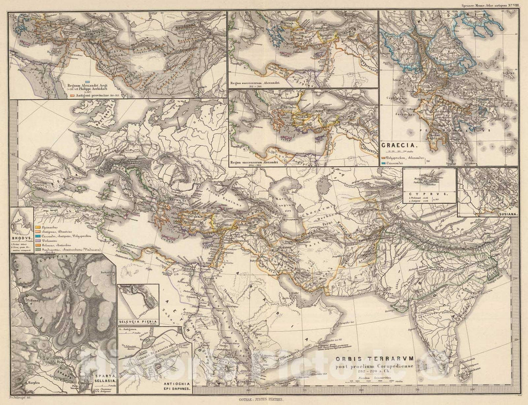 Historic Map : Greece; Syria, Mediterranean Region, Eastern Hemisphere 1865 Orbis terrarum post proelium Corupediense 282-220 a. Ch. , Vintage Wall Art