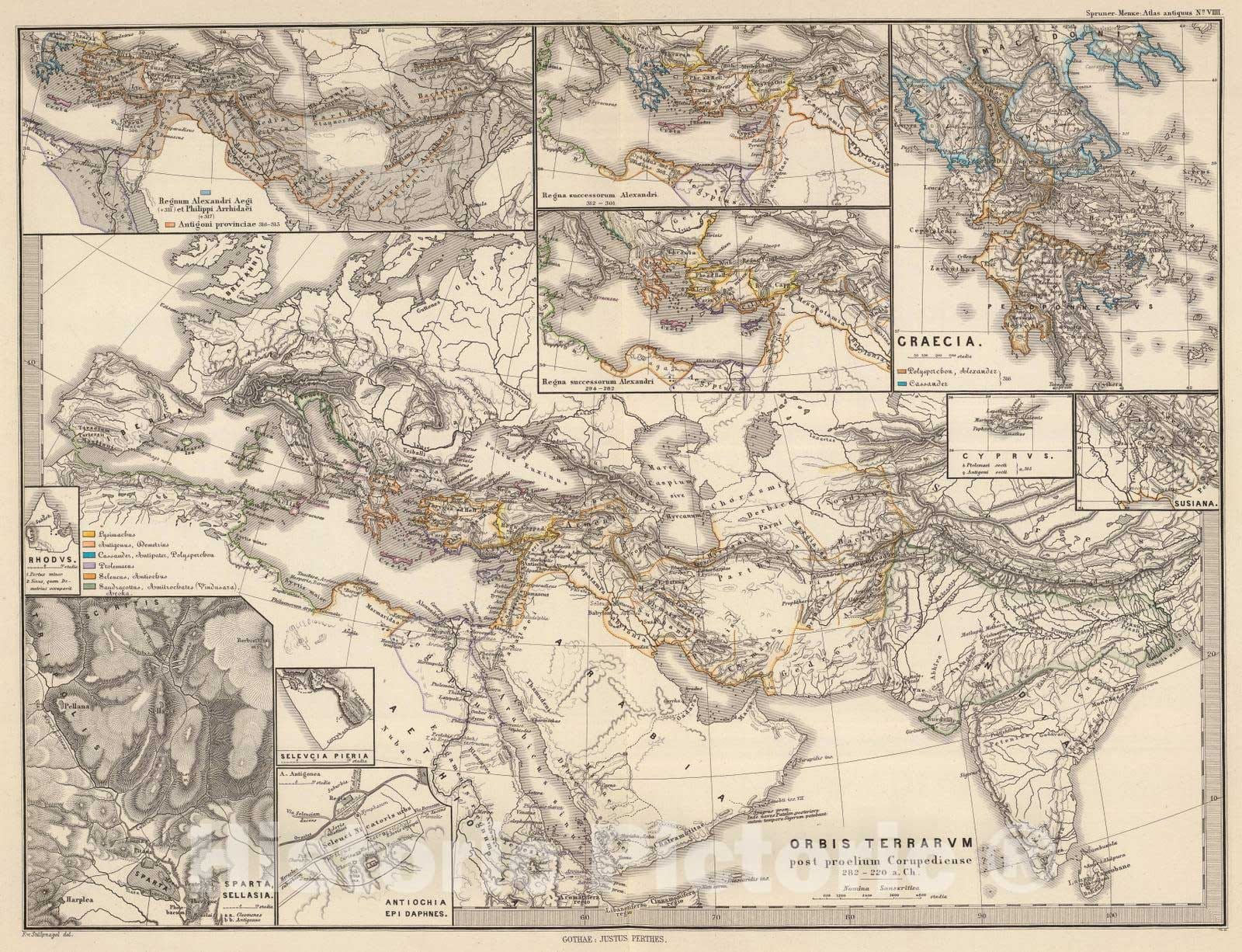 Historic Map : Greece; Syria, Mediterranean Region, Eastern Hemisphere 1865 Orbis terrarum post proelium Corupediense 282-220 a. Ch. , Vintage Wall Art